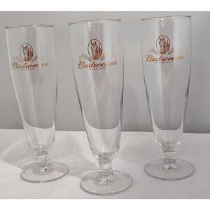 Vintage BUDWEISER set of 3 Gold rim 12 Oz Clydesdale Beer Pilsner Fluted Glass 8
